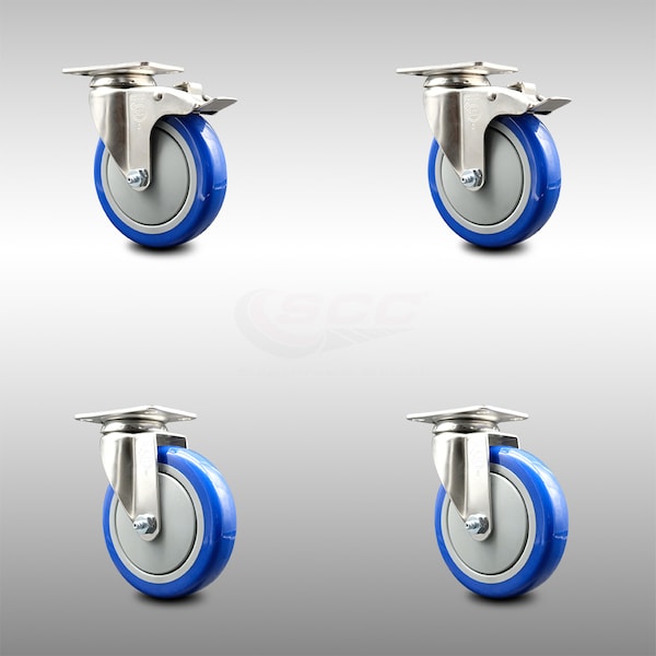Service Caster 5 Inch 316SS Blue Polyurethane Wheel Swivel Top Plate Caster Lock Brakes, 2PK SCC-SS316TTL20S514-PPUB-BLUE-2-S-2 - main